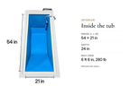 Plunge Zero Residential interior: 54 in long, 21 in wide, 24 in deep; 70 gallons; max user 6 ft 6 in and 280 lb