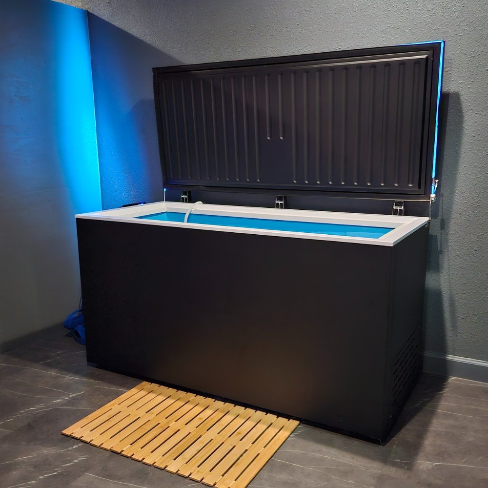 Plunge Zero commercial matte black hard top open in a gym