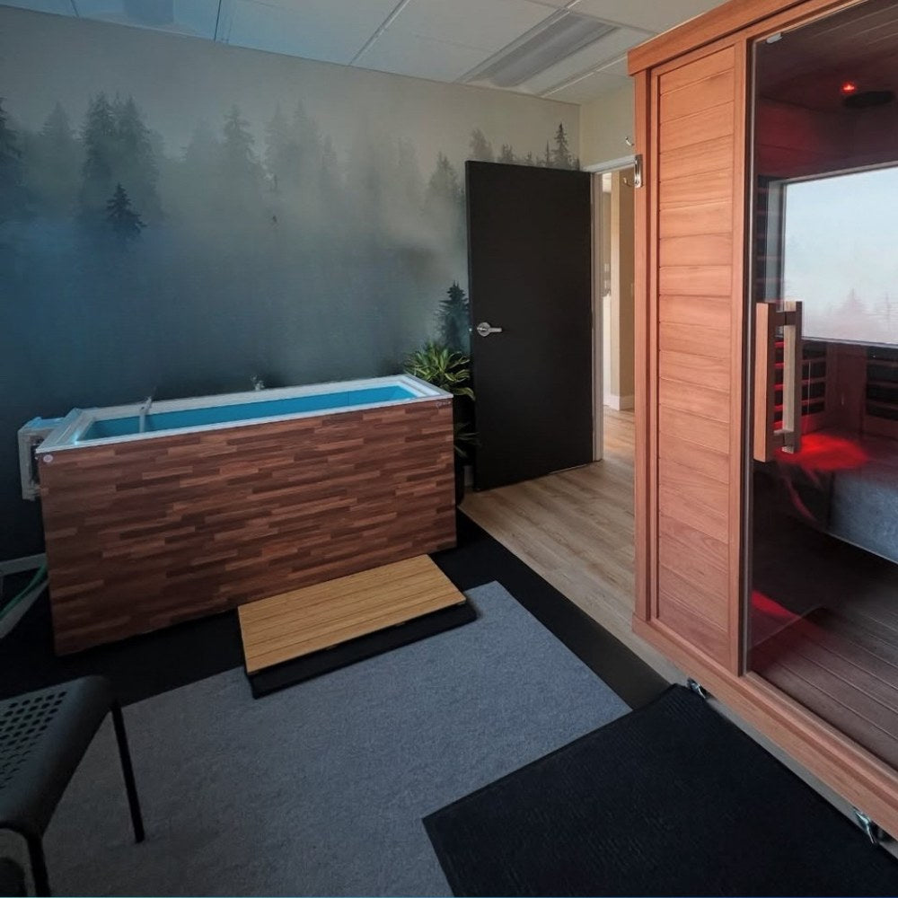 Plunge Zero Commercial in Walnut beside an indoor sauna.