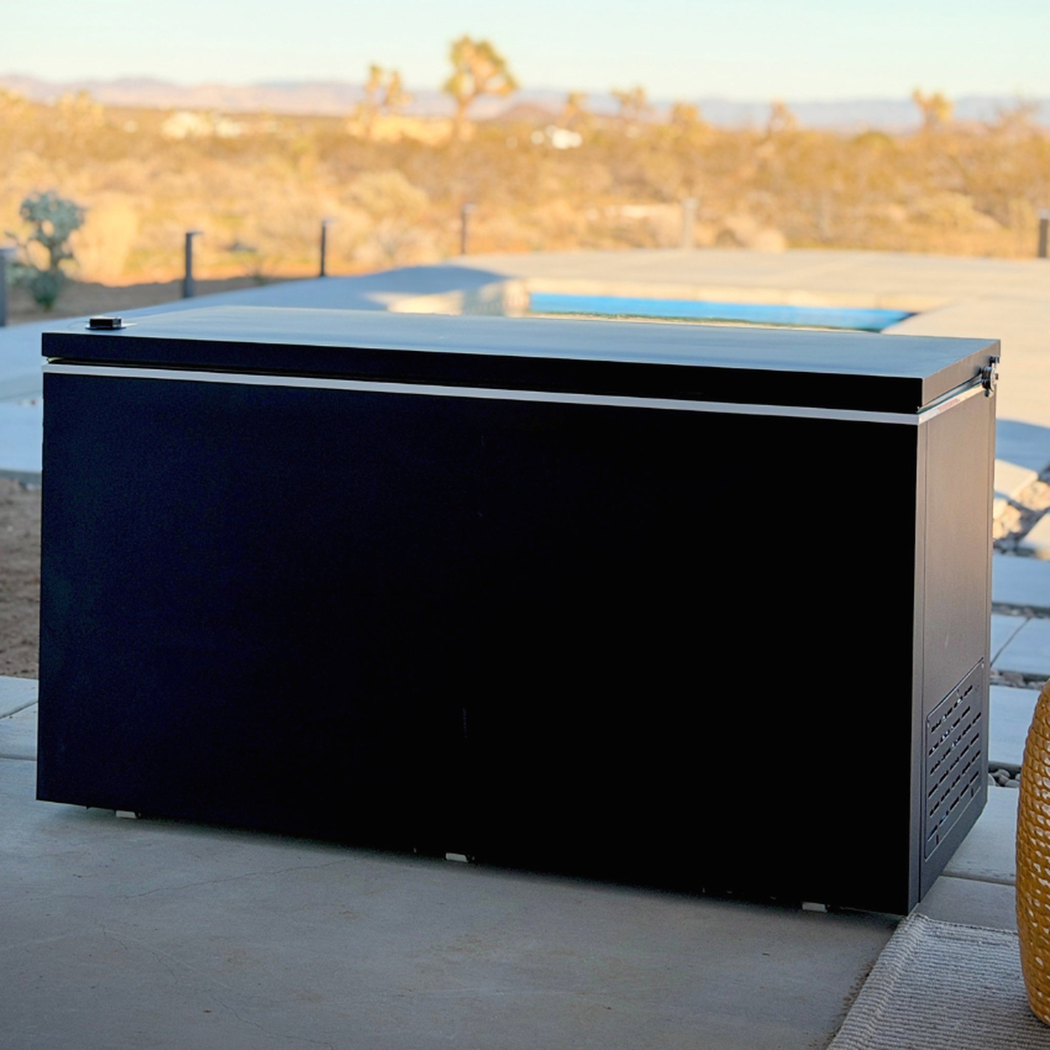Plunge Zero Residential cold plunge in Matte Black on a desert patio.