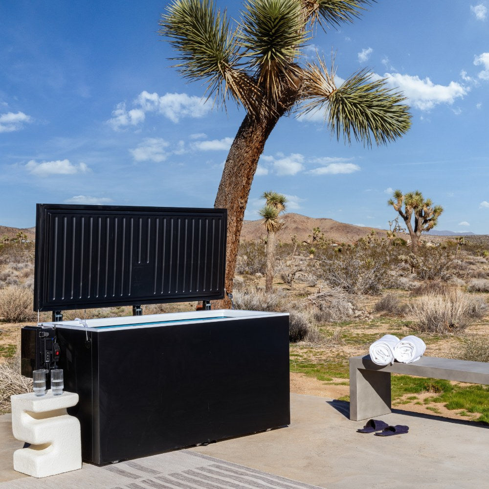 Plunge Zero residential matte black hard top, desert patio in daylight