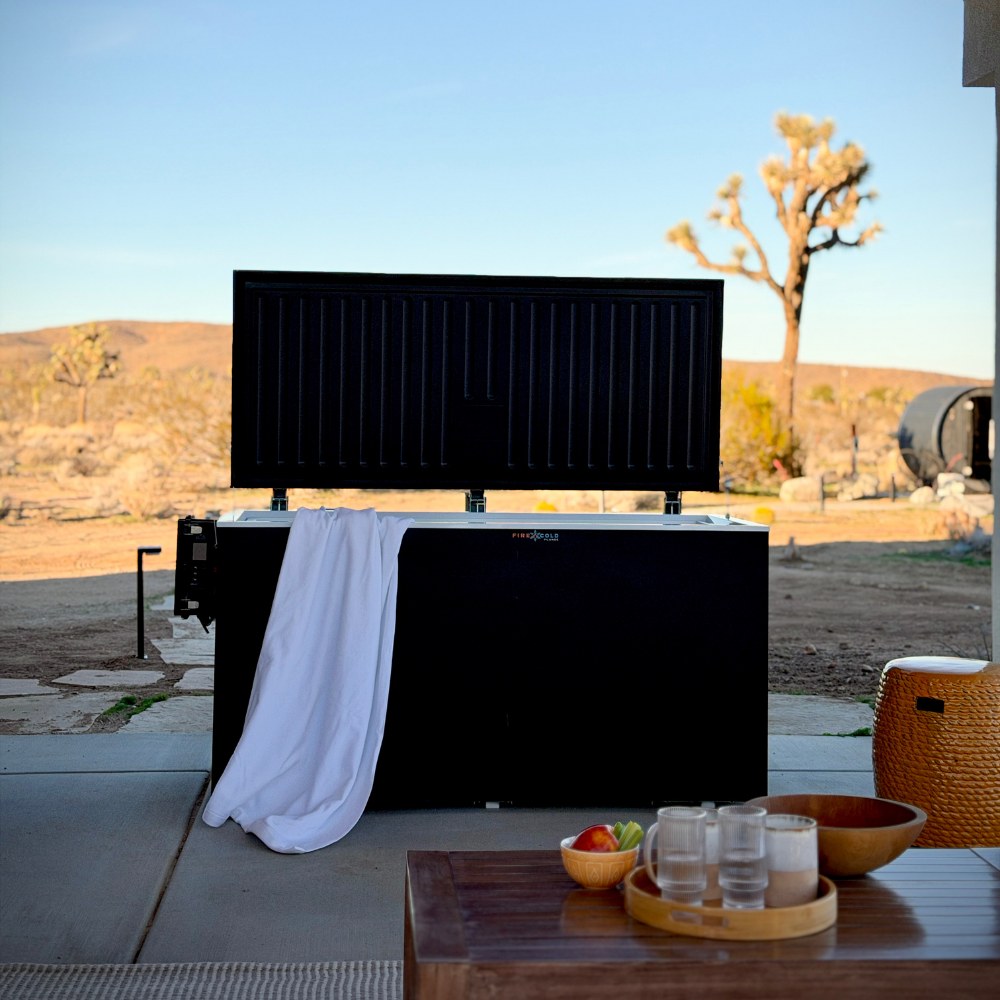 Plunge Zero residential matte black hard top, desert patio at dusk