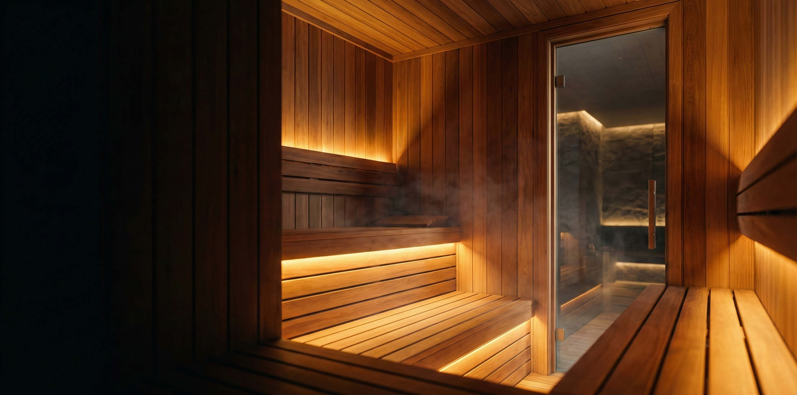 Wooden sauna interior with warm lighting