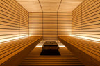 Harvia Lindea View indoor sauna, interior with benches and heater