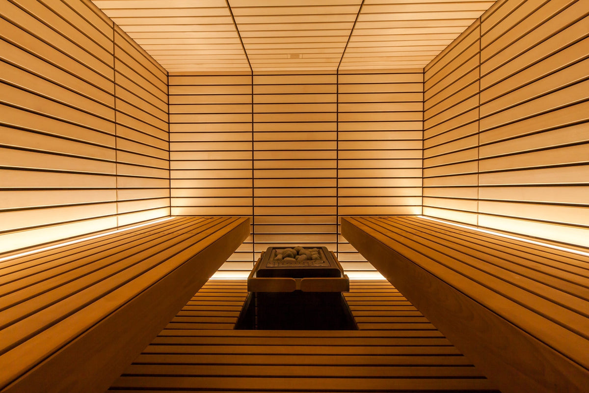 Harvia Lindea View indoor sauna, interior with benches and heater