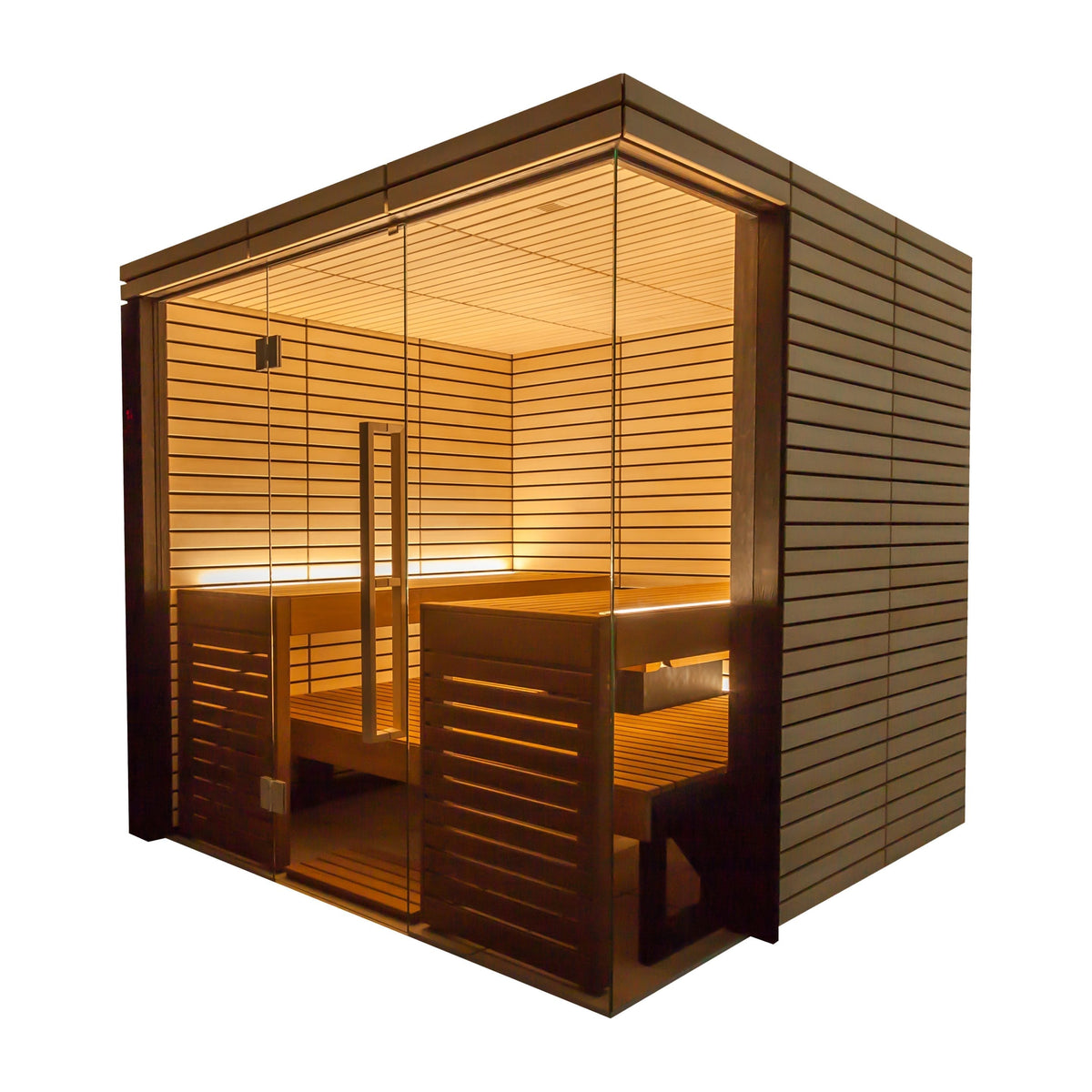 Harvia Lindea View indoor sauna, corner view with glass front