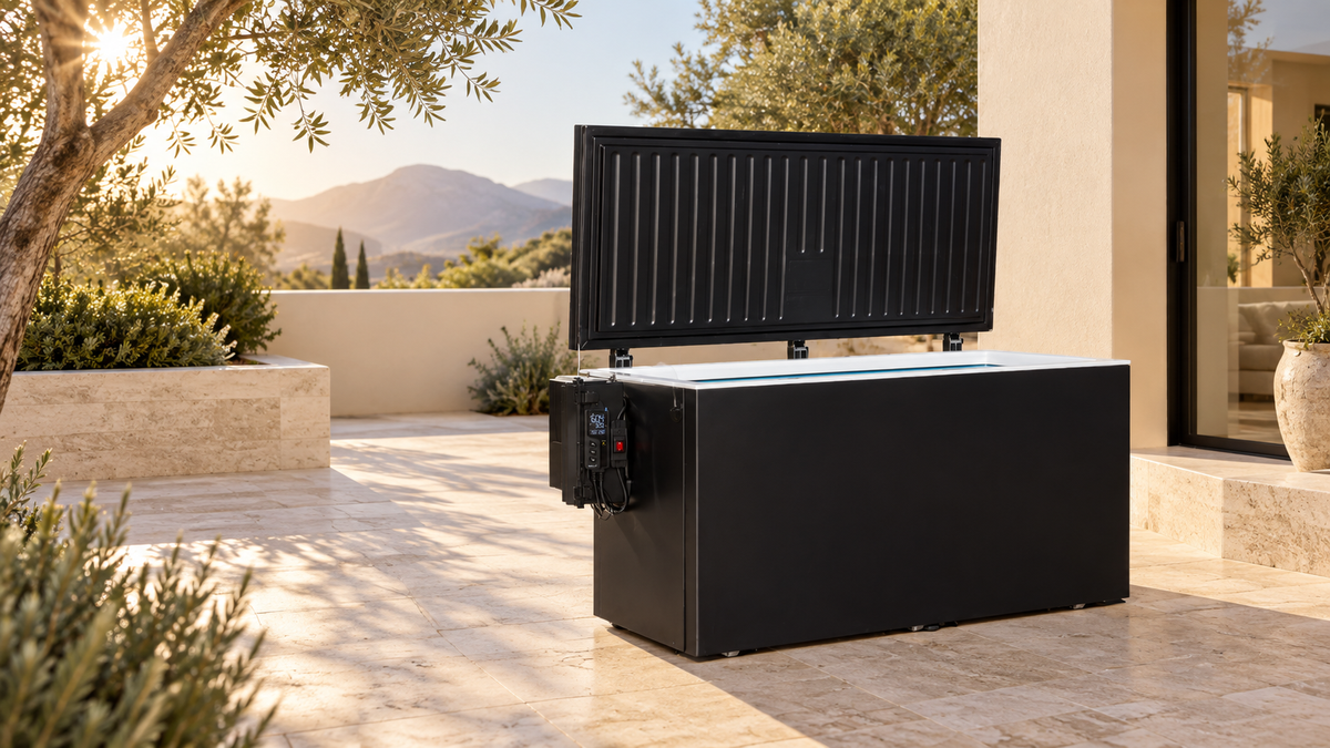 Plunge Zero Residential matte-black cold plunge in an AI-generated courtyard setting