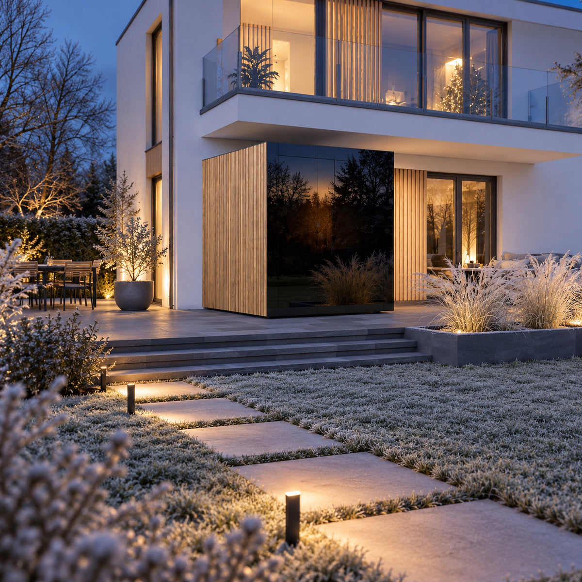 Thermasol Spectra outdoor sauna at the end of a frosty garden path at blue hour