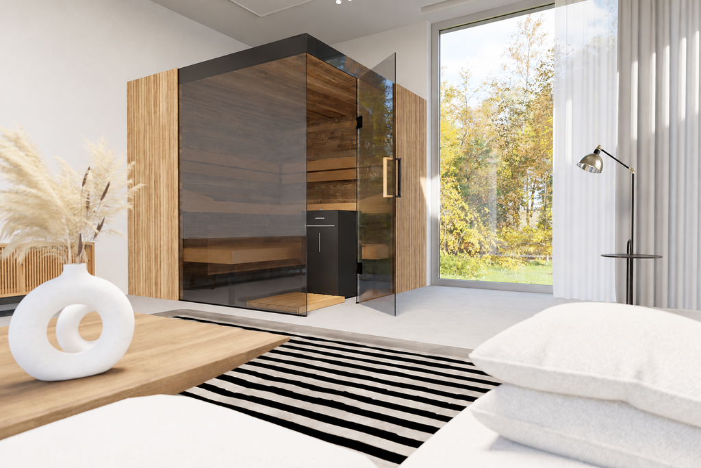 Thermasol Aalto indoor sauna with tinted glass and light oak slat panels, seen from a bed in a bright bedroom