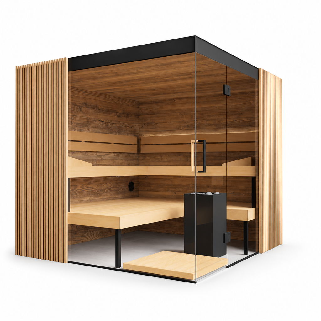 Thermasol Aalto indoor sauna, ridged wood panels and glass corner with benches and heater on a white background