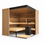 Thermasol Aalto indoor sauna, ridged wood panels and glass corner with benches and heater on a white background