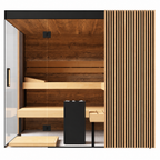 Front view of the Thermasol Aalto indoor sauna showing the glass door, two-tier benches, black heater and vertical oak slat panel