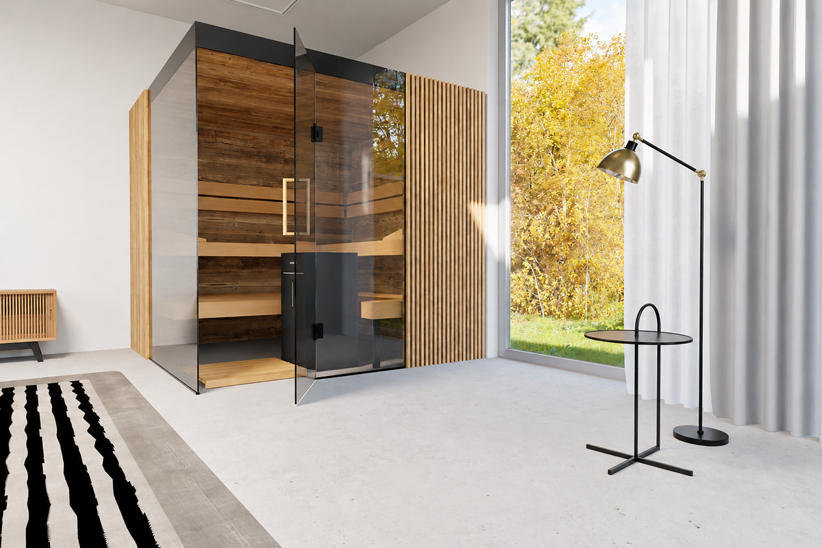 Thermasol Aalto indoor sauna with tinted glass front, open glass door and light oak slat panels in a bright room with a large window