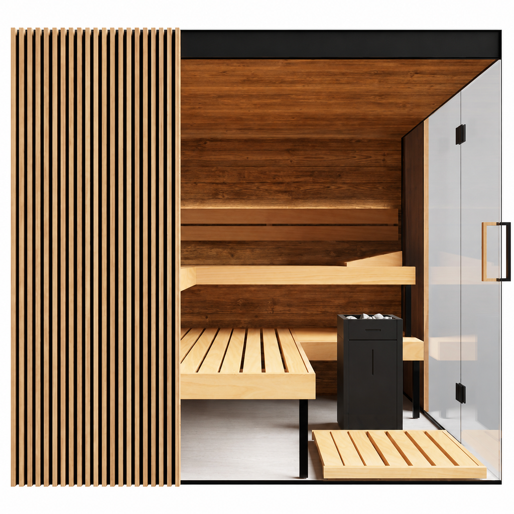 Side view of the Thermasol Aalto indoor sauna showing the oak slat panel, L-shaped benches, black heater and glass door