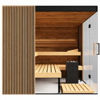 Side view of the Thermasol Aalto indoor sauna showing the oak slat panel, L-shaped benches, black heater and glass door