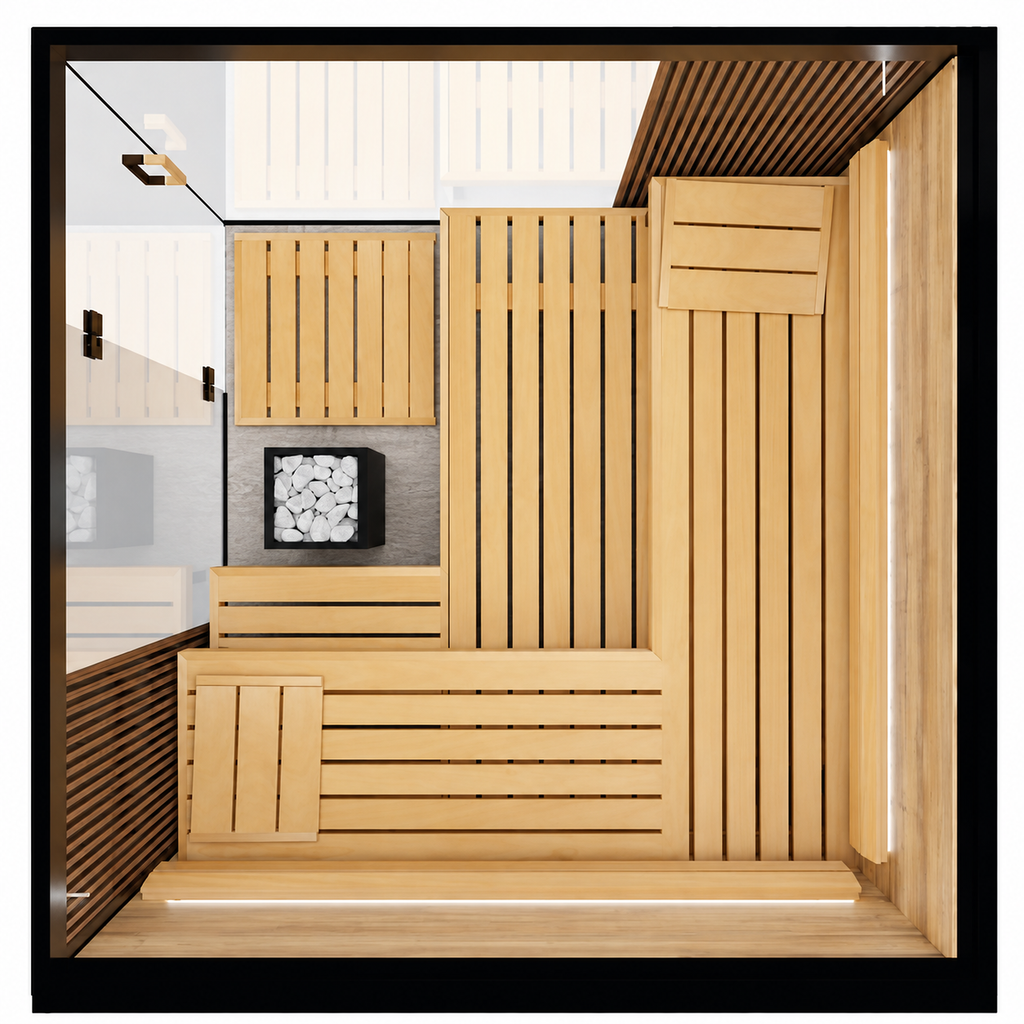 Top-down view into the Thermasol Aalto indoor sauna showing the L-shaped benches and the heater