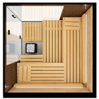 Top-down view into the Thermasol Aalto indoor sauna showing the L-shaped benches and the heater