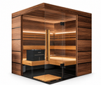 Thermasol Astra indoor sauna, corner view with glass and wood panels, L-shaped benches and heater on a white background