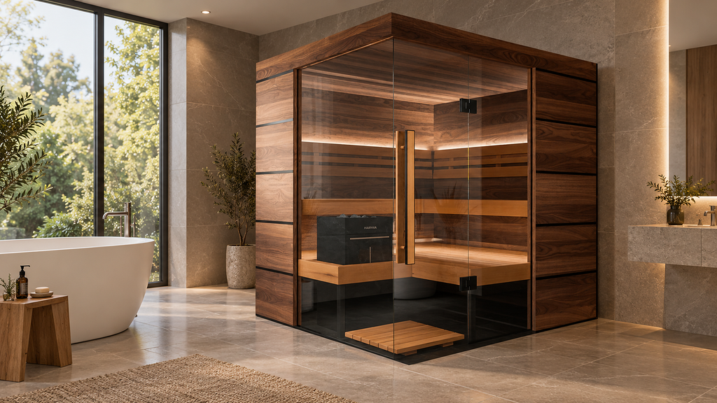 Thermasol Astra indoor sauna with wood panels and a glass front in a bright stone bathroom