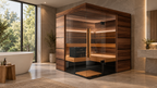 Thermasol Astra indoor sauna with wood panels and a glass front in a bright stone bathroom