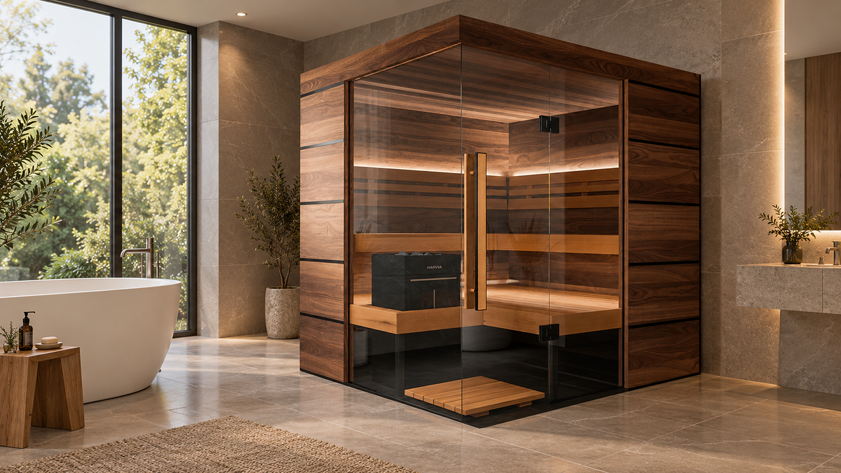 Thermasol Astra indoor sauna with wood panels and a glass front in a bright stone bathroom