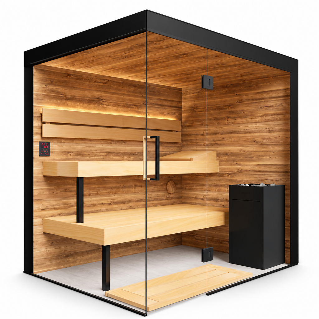 Thermasol Lumaria indoor sauna, black-framed glass corner with two-tier benches and heater on a white background