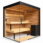 Thermasol Lumaria indoor sauna, black-framed glass corner with two-tier benches and heater on a white background