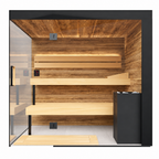 Front view of the Thermasol Lumaria indoor sauna showing two-tier benches, a control panel, black heater and glass door