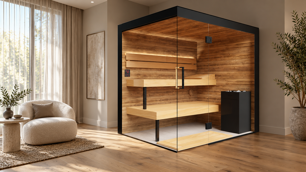 Thermasol Lumaria indoor sauna with black frame and glass front in a sunlit living room