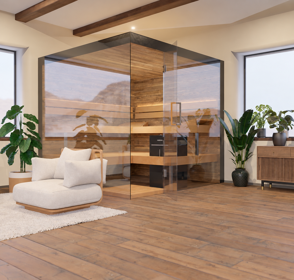 Thermasol Lumaria indoor sauna, Large size, with a frameless glass corner in a bright room with wood floors and plants