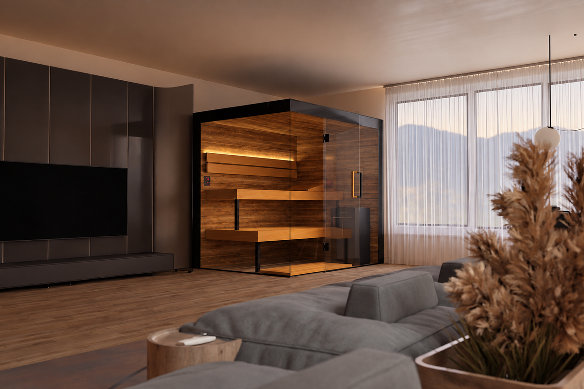Thermasol Lumaria indoor sauna with black frame and glass front in a dimly lit living room with a sofa and television
