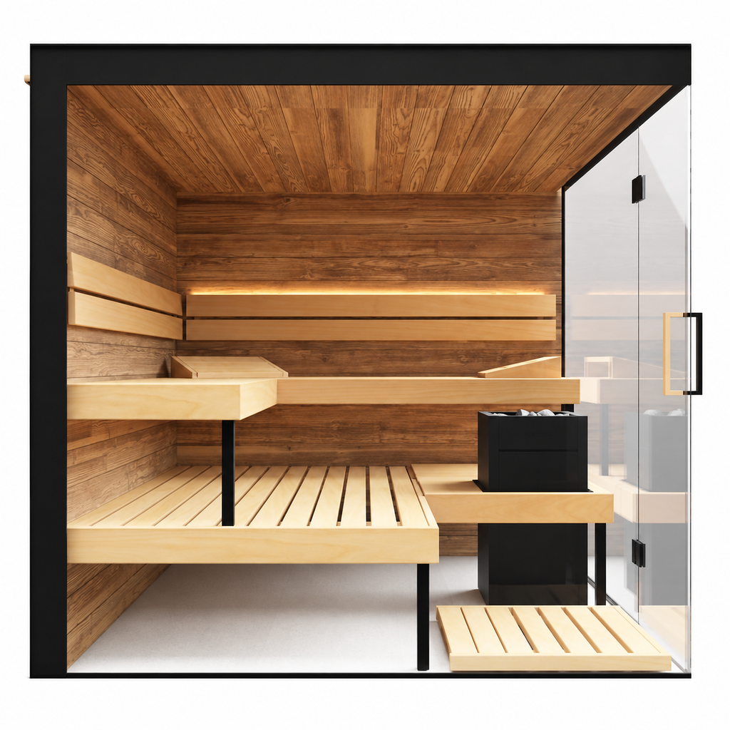 Side view of the Thermasol Lumaria indoor sauna showing L-shaped benches, a black heater and the glass door