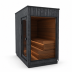 Thermasol Nordic Misty outdoor sauna, dark spruce exterior with glass door and panoramic window on a white background