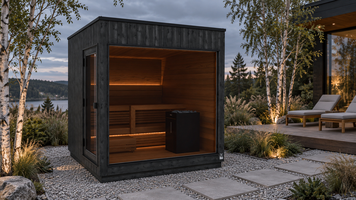 Thermasol Nordic Misty outdoor sauna with dark spruce exterior and a lit panoramic window on a gravel patio at dusk