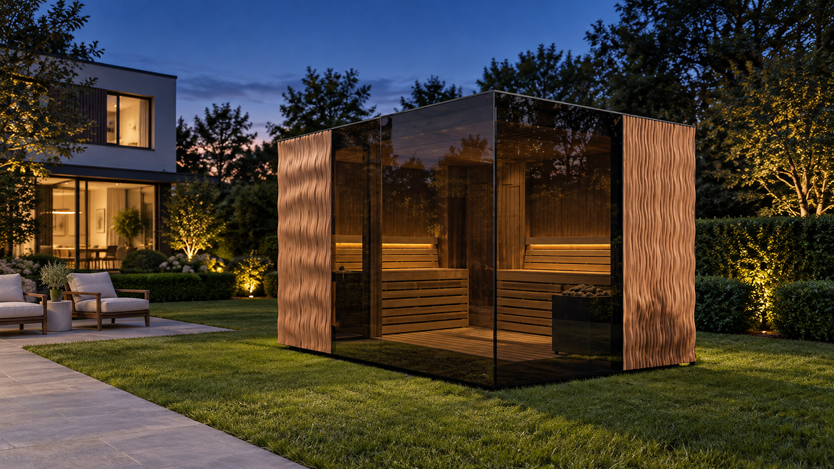 Thermasol Ombra outdoor sauna at dusk in a landscaped garden, warm interior light showing the benches through bronze-tinted glass, with wave-profile wood panels at both ends