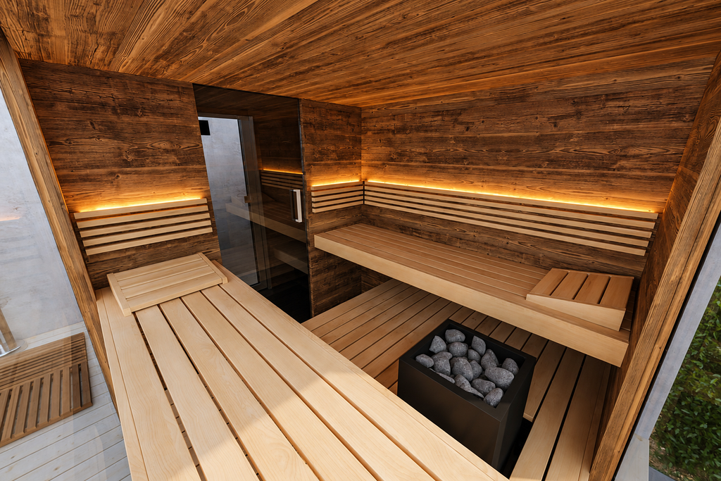 Inside the Thermasol Ombra sauna: rustic wood walls and ceiling, light slatted benches with headrests, LED lighting under the backrests, a stone heater and a tinted glass door