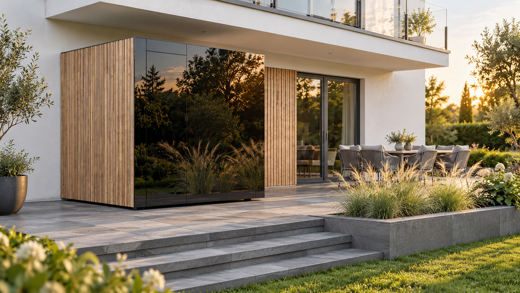 Thermasol Spectra outdoor sauna with a dark glass front and vertical wood cladding on a garden terrace at sunset