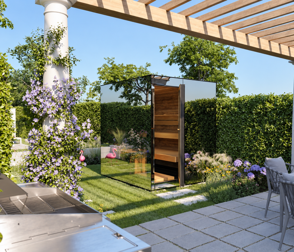 Thermasol Vue outdoor sauna with mirrored glass walls under a garden pergola
