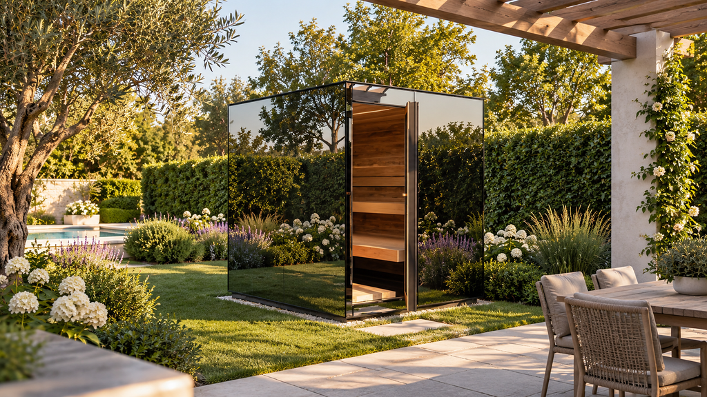 Thermasol Vue outdoor sauna with mirrored glass walls and an open wood door in a sunny garden