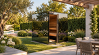 Thermasol Vue outdoor sauna with mirrored glass walls and an open wood door in a sunny garden