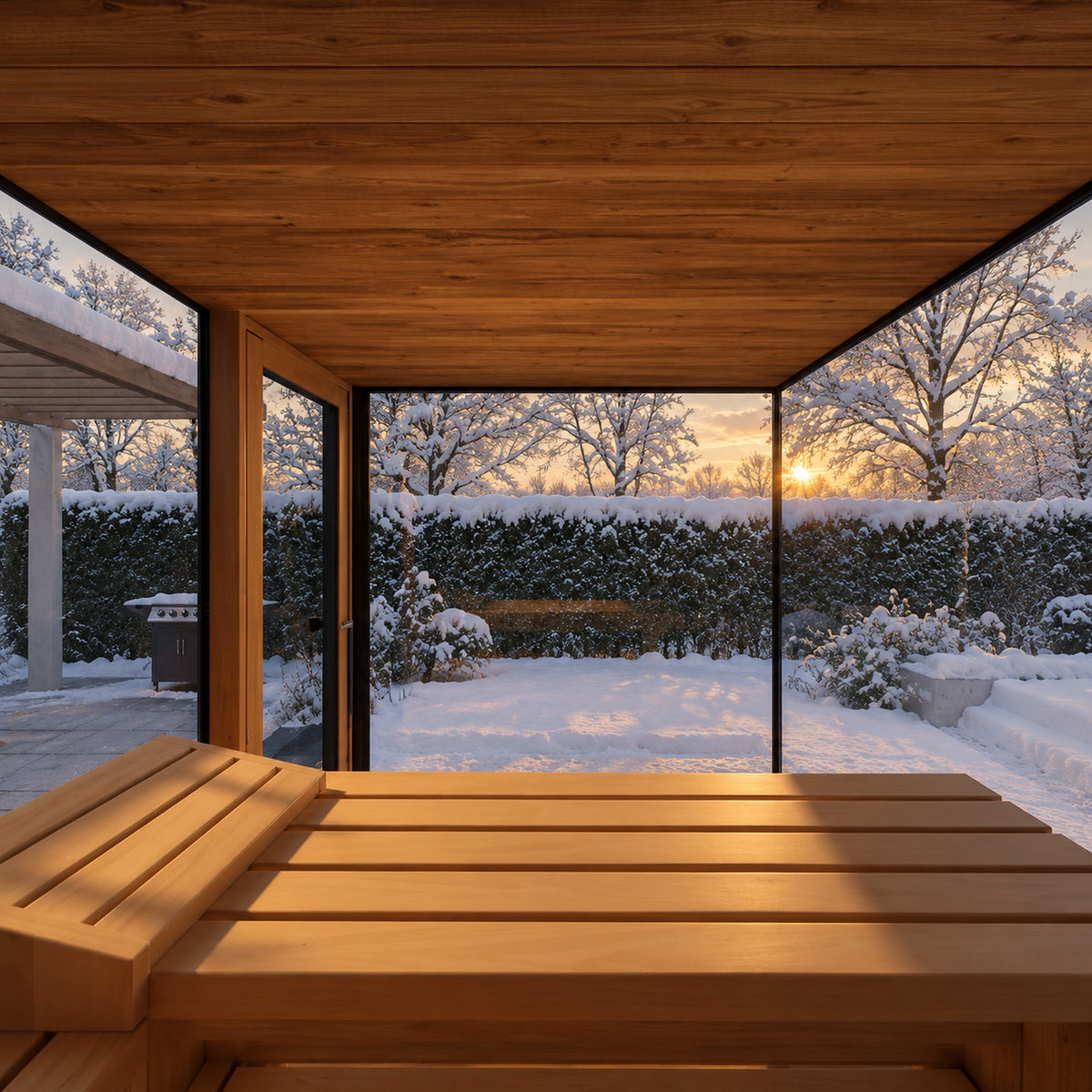 View from the bench inside the Thermasol Vue sauna through its glass front at a snowy sunset