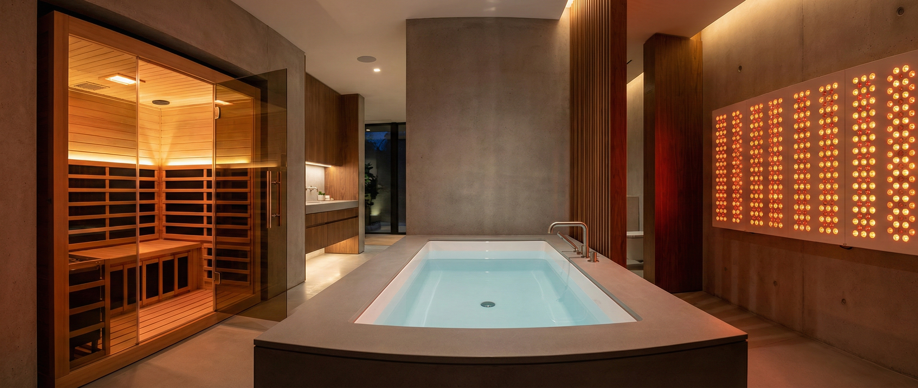 Modern indoor sauna with wooden interior and lit wall panels.