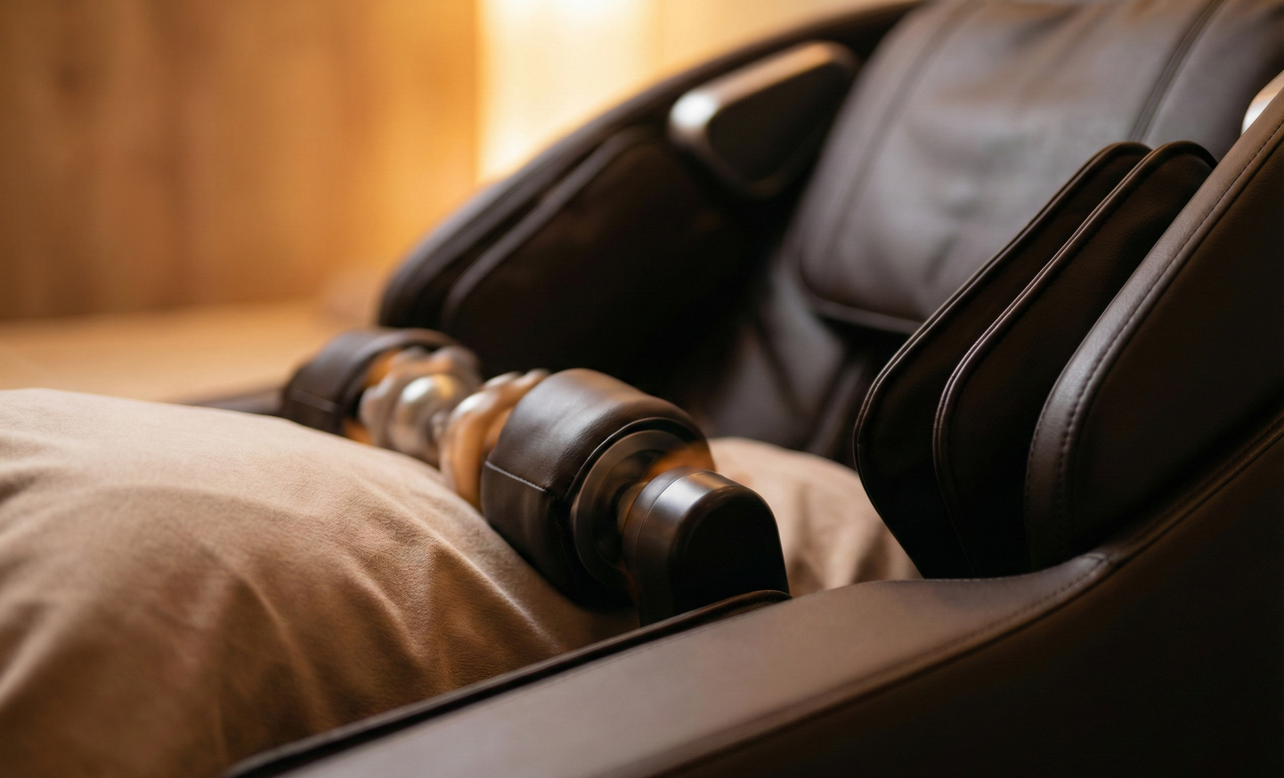 Person using a massage chair with a focus on the backrest and armrests.