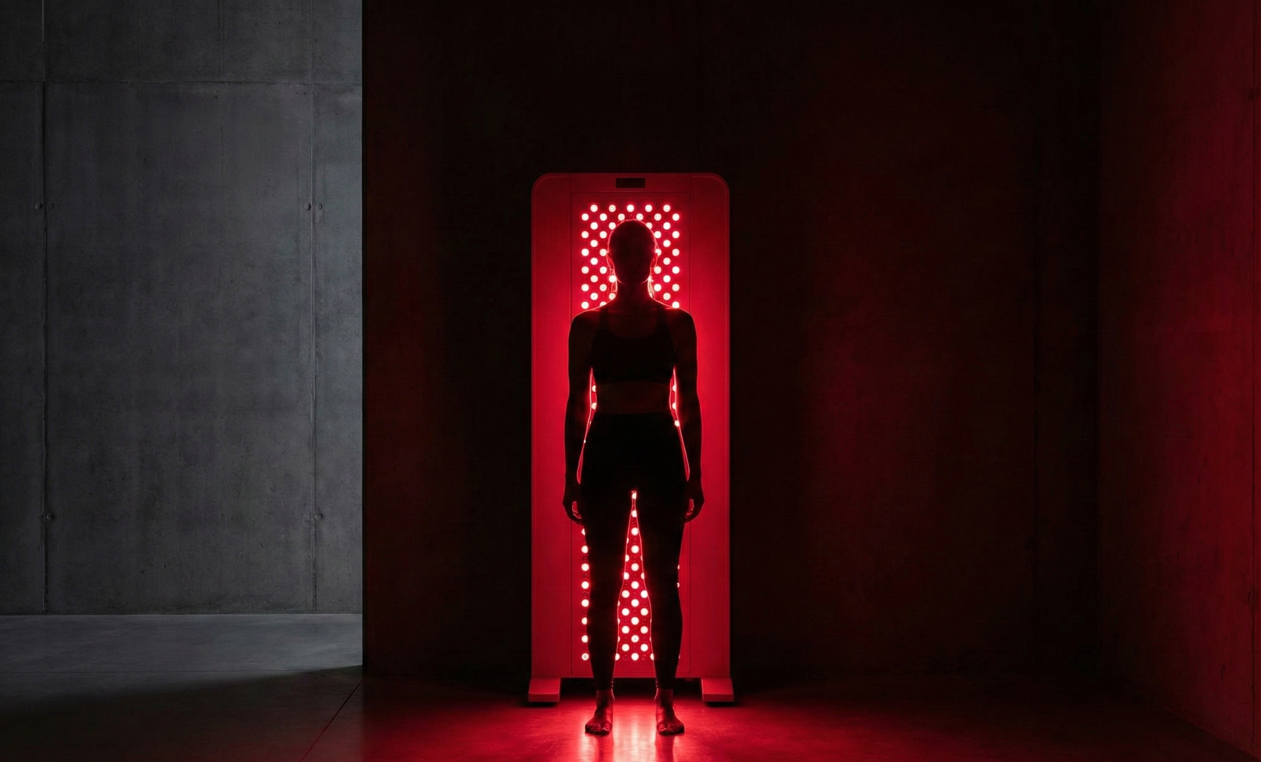 Person standing in front of a red lighted panel in a dark room