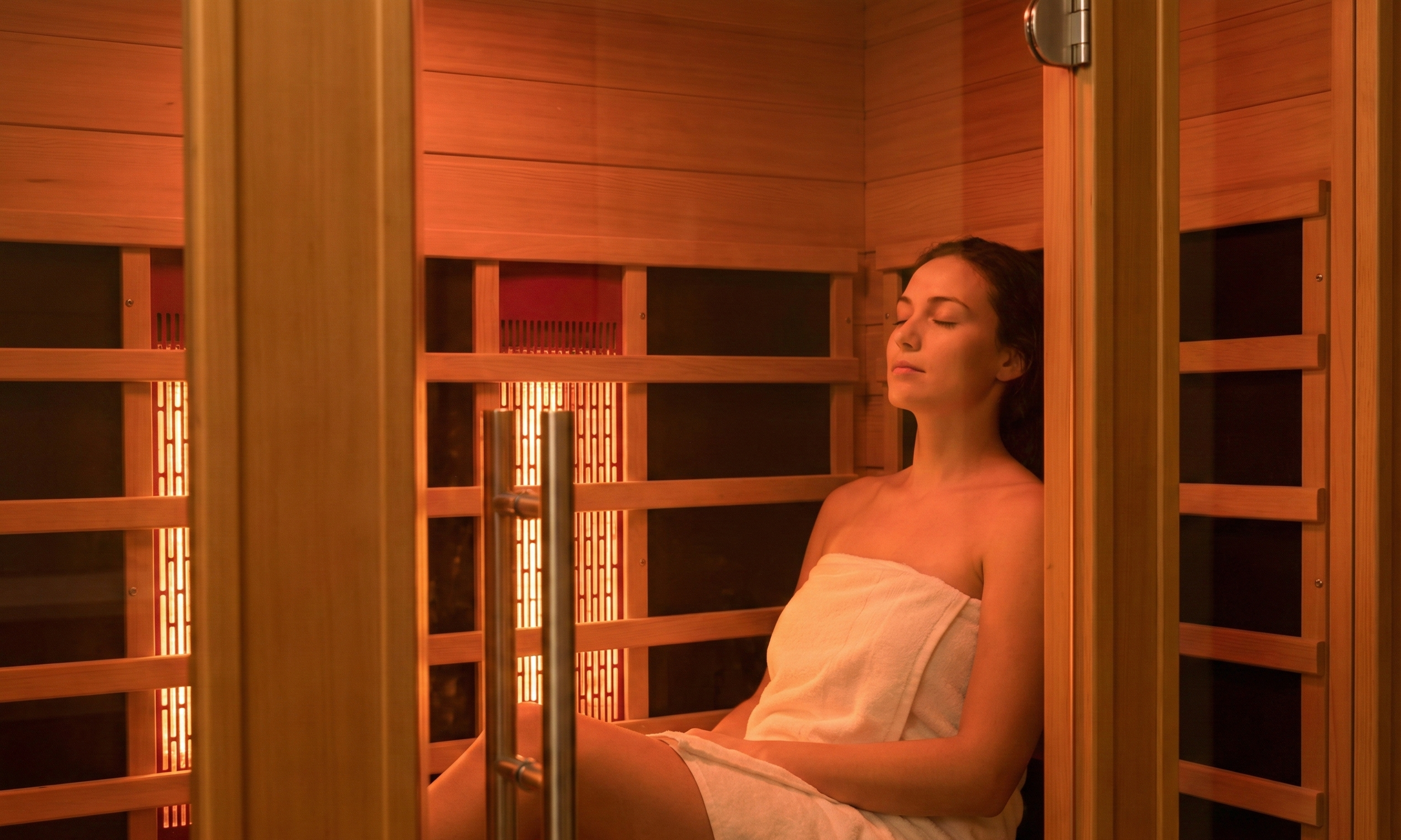 Woman sitting in a infrared sauna with wooden panels.